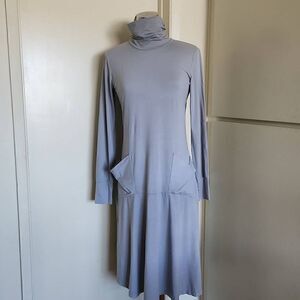 allen allen Lt. Grey Fit /Flare Turtleneck Knit Dress w/ Front Pkts